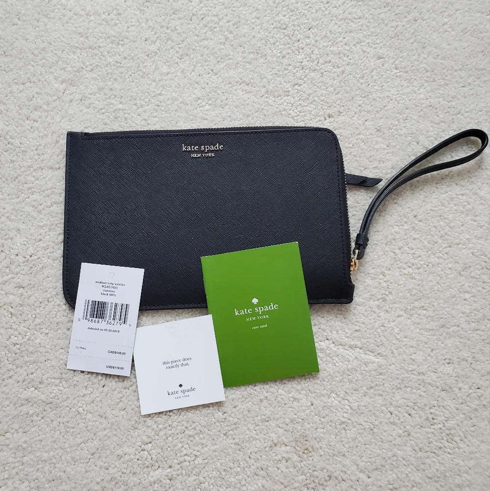 NWT Kate Spade Black Medium L-Zip Cameron Wristlet